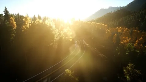 Aerial drone view flight over pine tree forest in mountain at sunset 스톡 동영상 279985200