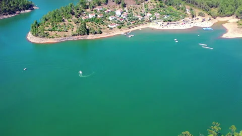 Aerial drone view of fluvial beach in Zezere river, Tomar, Portugal Stock Footage 139974367