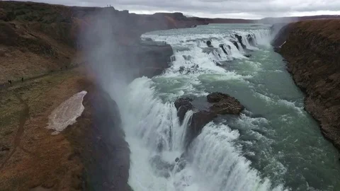 Aerial Drone View Fly Over GOLDEN FALLS Waterfall ICELAND  Stock Footage 75946229