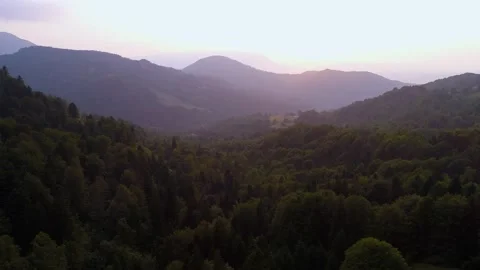 Aerial Drone View. Fly over autumn mountain  forest in sunrise soft light. Stock Footage 150679872