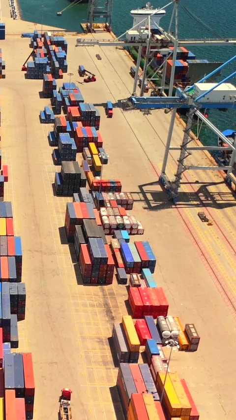 Aerial Drone View Flying Above Organized Shipping Container Stacks Stock Footage 339033056
