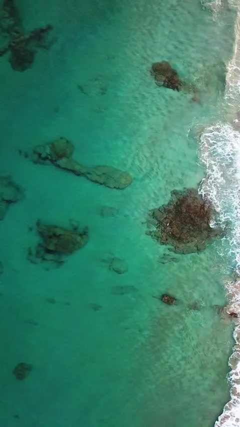 Aerial drone view flying away from a sandy beach, revealing the vast turquoise Stock Footage 344820414