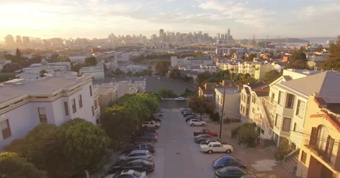 Aerial drone view flying over protrero hill in san francisco at sunset Video stock 64560443