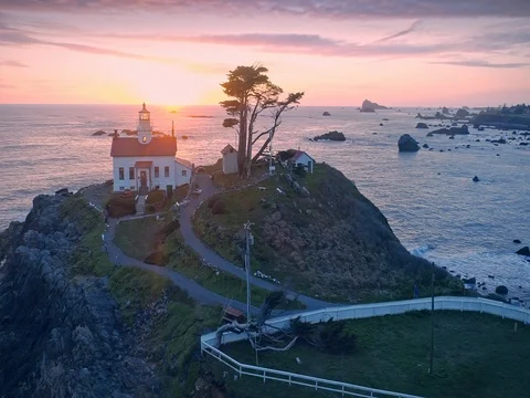 Aerial Drone View Flying Over Shoreline Lighthouse In Crescent City At Sunset, Stock Footage 73815063
