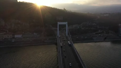 Aerial Drone View Flying Over The Erzhebet Bridge In Budapest on Sunset HD Stock Footage
