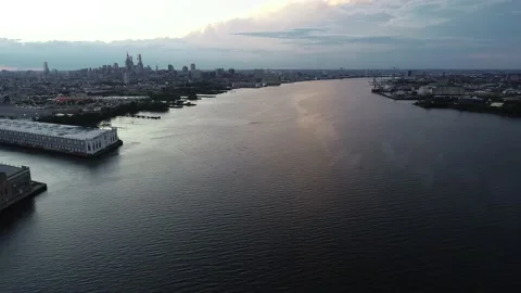 Aerial Drone View Flying Over Delaware River towards City Stock Footage 138848288