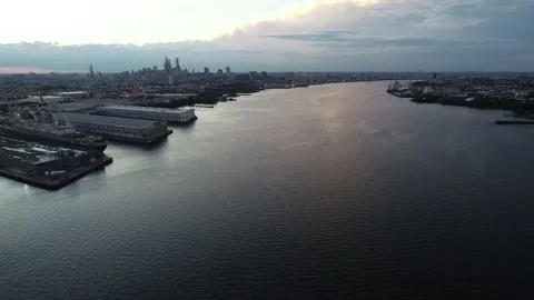 Aerial Drone View Flying Over Delaware River towards City Stock Footage 138848295