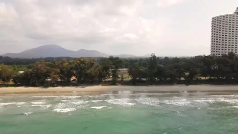 Aerial drone view flying over Rayong Beach in Thailand showing coastal Stock Footage 308613824