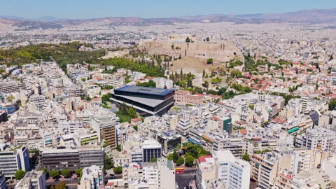 Aerial drone view flying towards the Acropolis of Athens, Greece Stock Footage 345409714