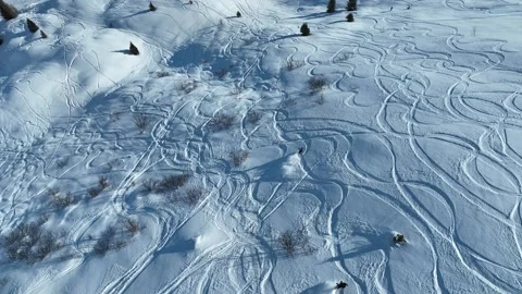 Aerial drone view of freeride ski and snowboard in winter. Riding in powder.. Stock Footage 303893452