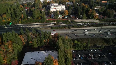 Aerial Drone View of Freeway Interchange and Autumn Forest, Bellevue Vidéo 348337188