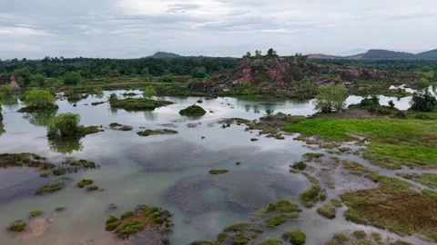 Aerial drone view of Frog Hill abandoned quarry wetlands Stock Footage 329240179