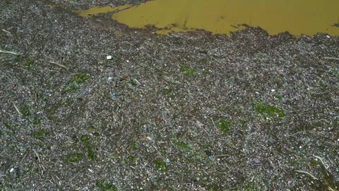 Aerial drone view of the garbage floating on the Drina river Stock Footage 264858855