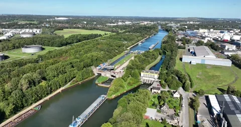Aerial drone view of Gelsenkirchen lock, sluyice system, for inland shipping Video stock 252602885