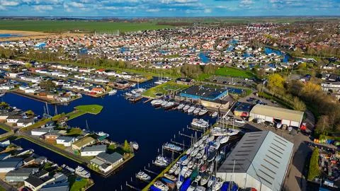Aerial drone view geometric pattern of water houses, marina, yachts Marina .. Stock Photos