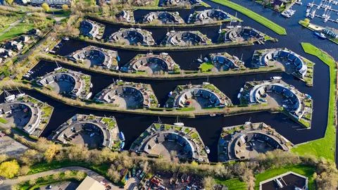 Aerial drone view geometric pattern of water houses, marina, yachts Marina .. Stock Photos