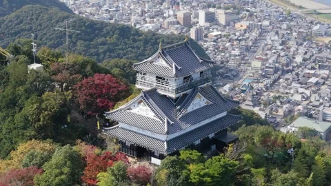 Aerial Drone View of Gifu Castle and Gifu City in Autumn, Japan Stock Footage 340264078