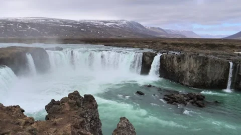 Aerial Drone View of Godafoss Waterfall and Turquoise River in Northern Iceland Stock Footage 345223790