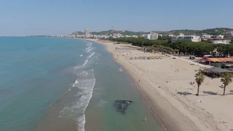 Aerial drone view of Golem beach Albania Adriatic coastline summer day Stock Footage 334115269
