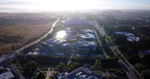 Aerial drone view of Google campus called googleplex headquarters in Stock Footage 124412434