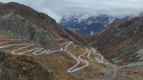 Aerial Drone View of Gotthard Pass Switzerland in Autumn Mountains Video stock 320619393