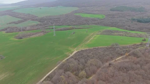 Aerial drone view of green fields, rolling hills and forest landscape Stock Footage 323322334