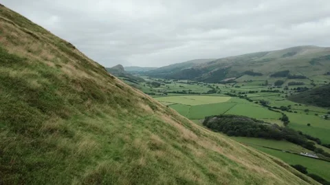 Aerial Drone View Of Green Fields And Hillside In Rural Wales 库存影片 347830545