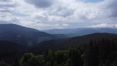 Aerial drone view of green mountain forest at dusk in summer Stock Footage 337048669