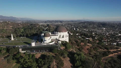 Aerial drone view of Griffith Observatory, Beautiful sky during Sunset Stock Footage 168544124