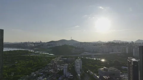 Aerial Drone View of Han River Sunset and Cityscape near Ttukseom Stock Footage 337785293
