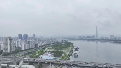 Aerial Drone View of Han River Landscape and Cityscape near Jayang Station Stock Footage 338149439