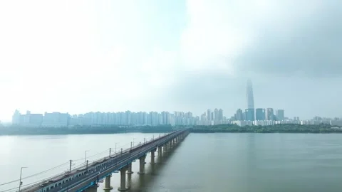 Aerial Drone View of Han River Landscape and Cityscape near Gangbyeon Station Stock Footage 339914468