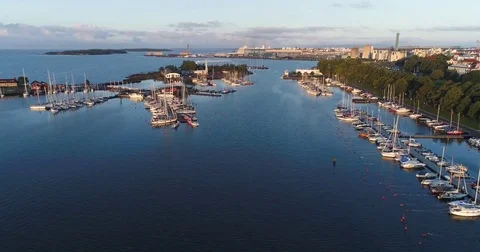 Aerial drone view of harbor with lots of sail boats and islands on Baltic sea. Stock Footage 79899459
