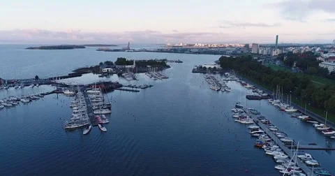 Aerial drone view of harbor with lots of sail boats and islands on Baltic sea. Stock Footage 79899656