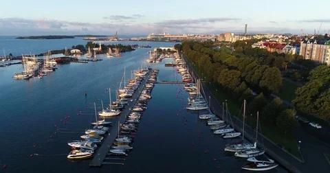 Aerial drone view of harbor with lots of sail boats and islands on Baltic sea. Stock Footage 79899863