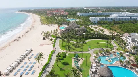 Aerial drone view of Hard Rock Hotel seafront at Punta Cana in Dominican Stock Footage 157201679