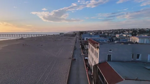 Aerial Drone View of Hermosa Beach Pier, Oceanfront Plaza, Southern California Видео 340656783