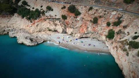 Aerial Drone View of Hidden Turquoise Beach Cove, Fethiye Turkey 스톡 동영상 342393441