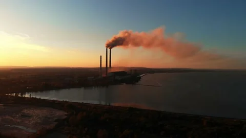 Aerial Drone View: High Chimney Pipes with dirt smoke from Coal Power Plant Stock Footage 162808757