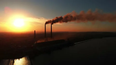 Aerial Drone View: High Chimney Pipes with dirt smoke from Coal Power Plant Stock Footage 162829057