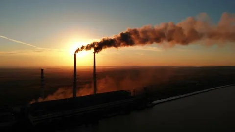 Aerial Drone View: High Chimney Pipes with dirt smoke from Coal Power Plant Video stock 162829077