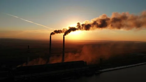 Aerial Drone View: High Chimney Pipes with dirt smoke from Coal Power Plant Stock Footage 162829169