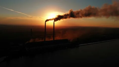 Aerial Drone View: High Chimney Pipes with dirt smoke from Coal Power Plant Video stock 162829192