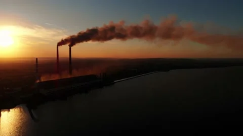 Aerial Drone View: High Chimney Pipes with dirt smoke from Coal Power Plant Stock Footage 162829251