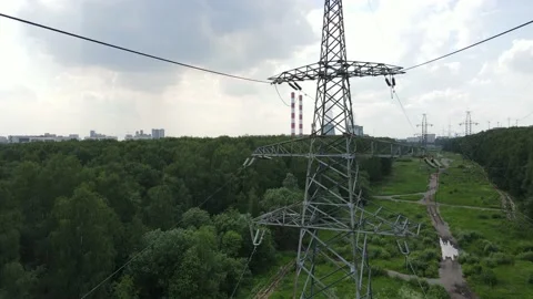 Aerial drone view of high voltage tower and thermal power station. Video stock 155752413