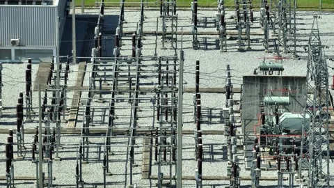 Aerial drone view of a high-voltage electrical substation. Vídeos de archivo 339404191
