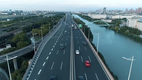 Aerial drone view of highway multi-level junction road with moving cars at Video stock 111237238