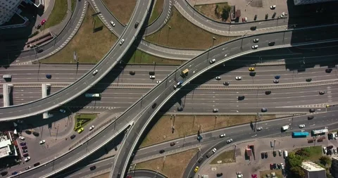 Aerial drone view of highway multi-level junction road with moving cars Stock Footage 130857645