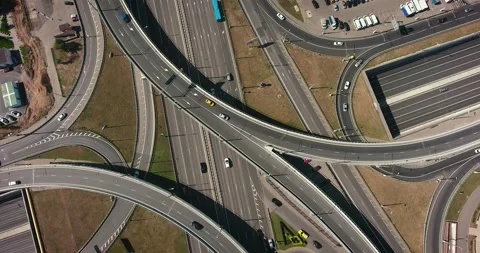 Aerial drone view of highway multi-level junction road with moving cars Stock Footage 133175312