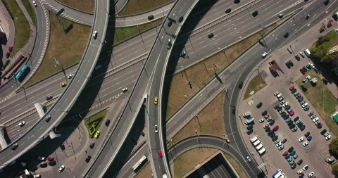 Aerial drone view of highway multi-level junction road with moving cars Stock Footage 133175507